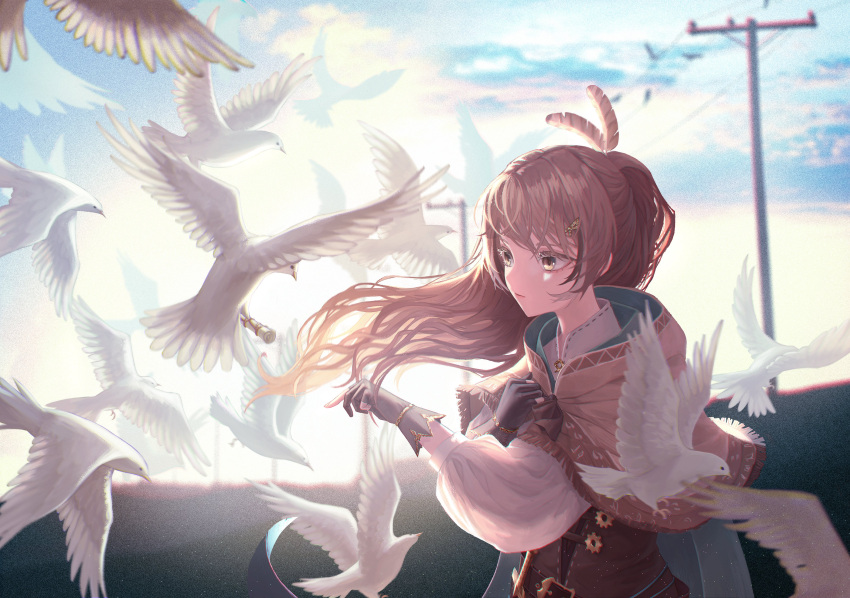 1girl absurdres backlighting bangs belt_buckle bird blu brown_cloak brown_eyes brown_gloves brown_hair buckle cape cloak commentary dove english_commentary feather_hair_ornament feathers gloves grabbing green_cape hair_ornament highres hololive hololive_english long_hair nanashi_mumei paper_roll partially_fingerless_gloves power_lines solo utility_pole white_bird