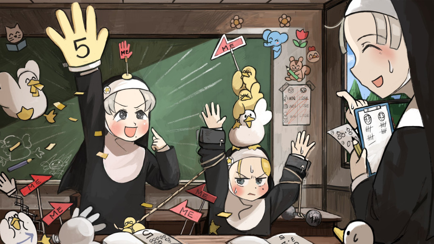 3girls arm_up arms_up arrow_(symbol) bird book catholic chalkboard cheating_(competitive) chicken confetti desk diva_(hyxpk) duck duckling dumbbell habit highres little_nuns_(diva) multiple_girls nun parted_grey_nun_(diva) pointing pointing_at_self rope scowly_nun_(diva) smug_nun_(diva) tally window
