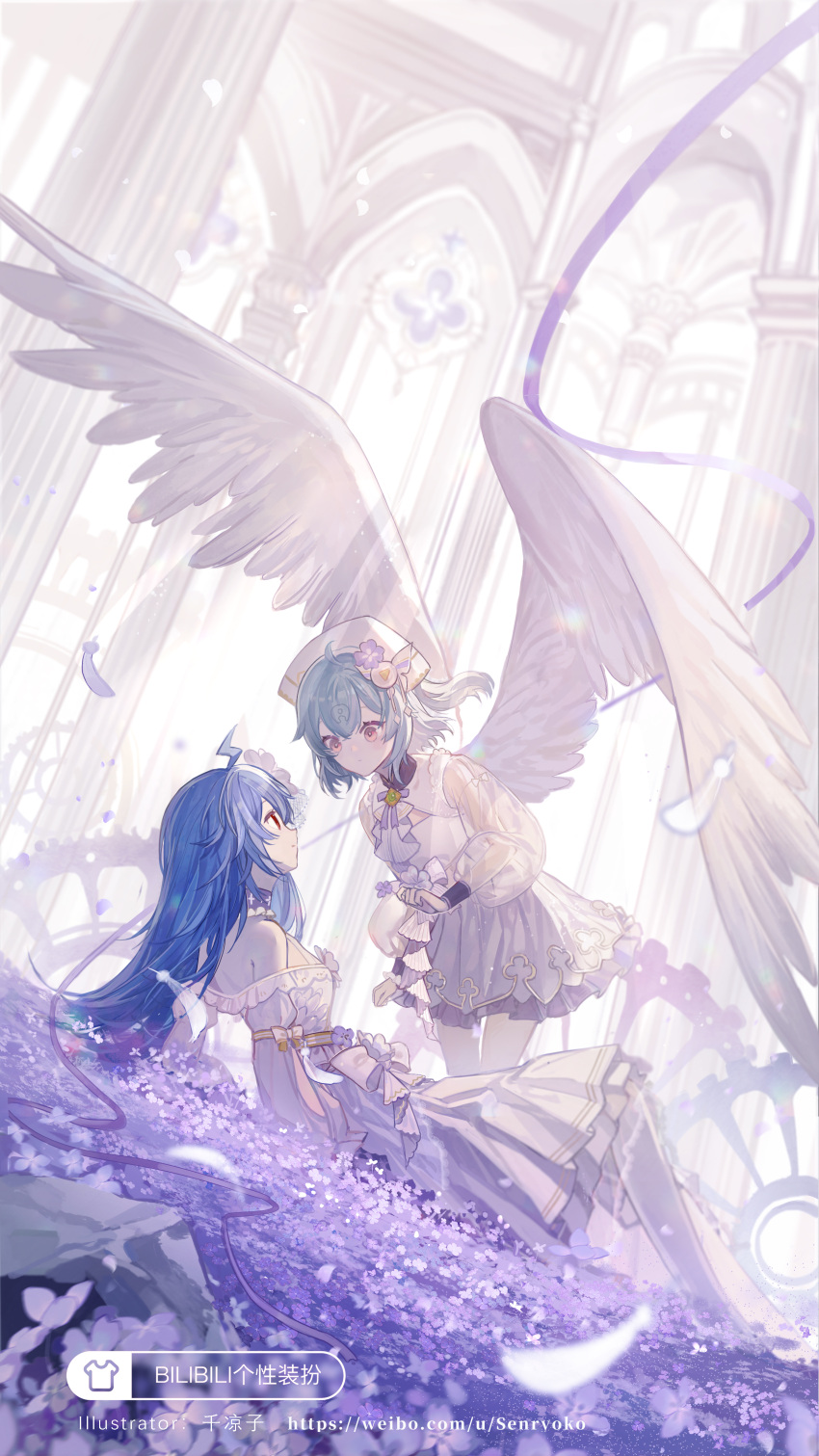 2girls absurdres ahoge angel_wings arm_at_side arms_at_sides artist_name ascot bare_shoulders bili_girl_22 bili_girl_33 bilibili_douga blue_hair blush bow breasts chinese_commentary choker cleavage_cutout closed_mouth clothing_cutout commentary_request dress feathers feet_out_of_frame flower flower_bed flying frilled_dress frills hair_flower hair_ornament hand_up headdress highres lace_trim light_blue_hair long_hair looking_at_another lying medium_breasts medium_hair multiple_girls on_back petals pink_eyes purple_flower purple_ribbon red_eyes ribbon see-through_sleeves senryoko small_breasts waist_bow web_address white_dress white_neckwear wings yellow_bow