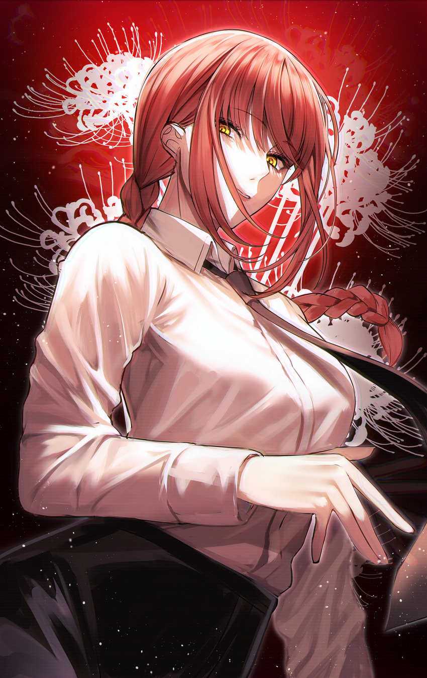 1girl absurdres bangs black_neckwear black_pants braid braided_ponytail brown_hair chainsaw_man collared_shirt eyebrows_visible_through_hair ggatip green_eyes hand_up highres long_hair long_sleeves looking_at_viewer makima_(chainsaw_man) necktie open_mouth pants plant ponytail shirt sidelocks smile solo upper_body white_shirt