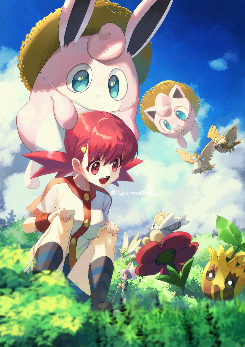 1boy 1girl :d bangs bird bugsy_(pokemon) butterfly_net clouds commentary_request day flabebe flabebe_(red) green_shirt green_shorts hair_ornament hairclip hand_net hat hatted_pokemon highres holding holding_butterfly_net jacket jigglypuff knees long_hair looking_down open_mouth outdoors pidgey pokemon pokemon_(creature) pokemon_(game) pokemon_hgss purple_hair red_eyes scyther shiny shiny_hair shirt short_hair short_sleeves shorts sky smile socks squatting straw_hat striped striped_legwear sunkern teeth tongue twintails upper_teeth white_jacket whitney_(pokemon) wigglytuff wristband yamanashi_taiki