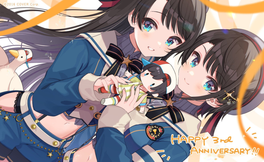 2girls anniversary bangs black_bow black_hair black_neckwear blue_headwear blue_jacket blue_shorts blush bow bowtie commentary_request cropped_jacket doll dual_persona eyebrows_visible_through_hair hair_ornament highres hololive jacket long_hair looking_at_viewer midriff multiple_girls navel official_art oozora_subaru shigure_ui shirt short_hair short_shorts shorts smile subaru_duck suspender_shorts suspenders virtual_youtuber