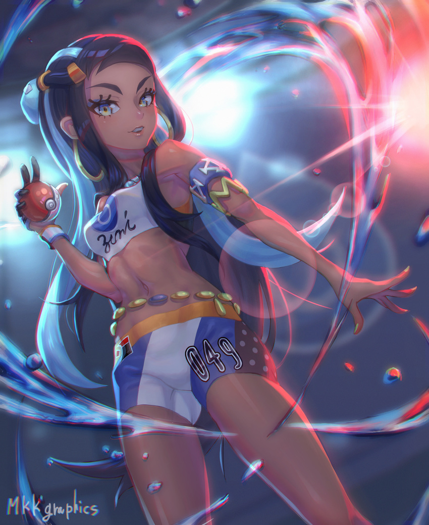 1girl armlet belly_chain bike_shorts black_hair blue_eyes blue_eyeshadow blue_hair blurry commentary dark-skinned_female dark_skin dynamax_band earrings english_commentary eyeshadow gloves hair_bun highres holding holding_poke_ball hoop_earrings jewelry lens_flare long_hair looking_at_viewer makeup meckeke_(mkk) multicolored_hair necklace nessa_(pokemon) parted_lips partially_fingerless_gloves poke_ball pokemon pokemon_(game) pokemon_swsh signature single_glove smile solo two-tone_hair water