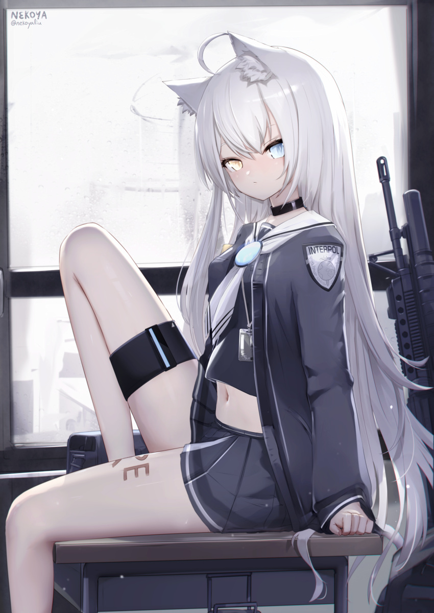 1girl animal_ear_fluff animal_ears bangs black_choker black_jacket black_serafuku black_shirt black_skirt blue_eyes choker commentary_request desk eyebrows_visible_through_hair feet_out_of_frame gun heterochromia highres jacket knee_up long_hair looking_at_viewer nekoya_(liu) on_desk open_clothes open_jacket original pleated_skirt sailor_collar school_desk school_uniform serafuku shirt signature sitting sitting_on_desk skirt solo tail twitter_username very_long_hair weapon weapon_request white_hair white_sailor_collar window yellow_eyes