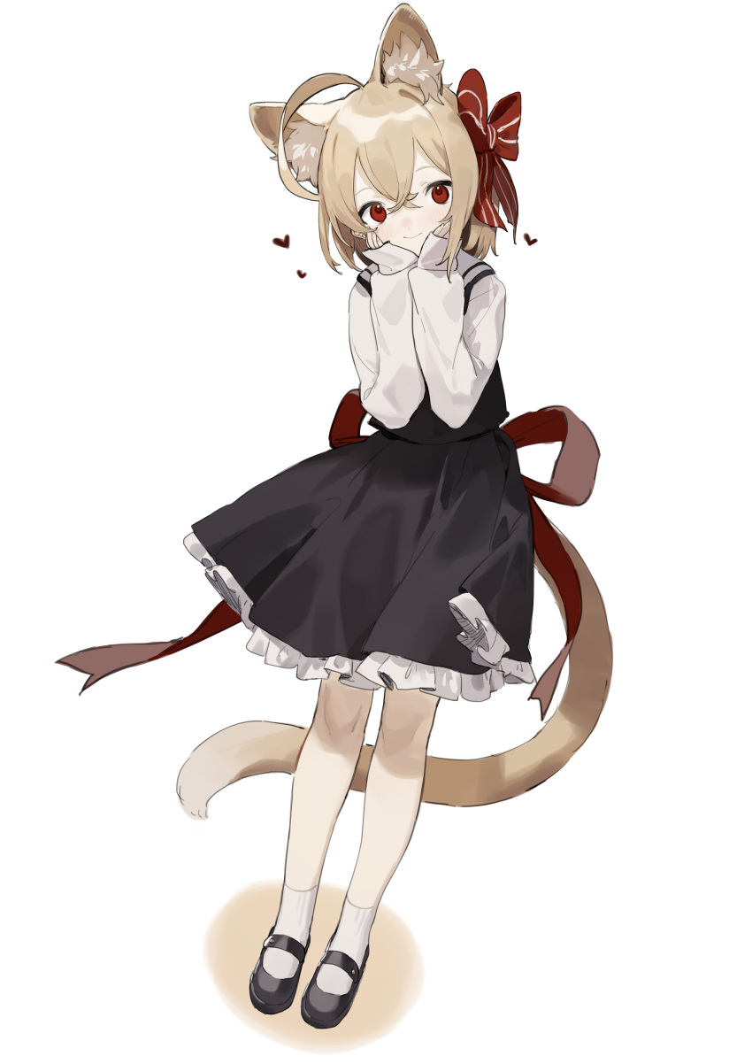 1girl absurdres ahoge animal_ear_fluff animal_ears back_bow bangs black_dress black_footwear blonde_hair blush bow cat_ears cat_tail crossed_bangs dress frilled_dress frills hair_bow hands_on_own_face heart highres kemonomimi_mode long_sleeves looking_at_viewer mary_janes red_bow red_eyes rumia sh_(562835932) shirt shoes short_hair sidelocks simple_background smile socks solo striped striped_bow tail touhou white_background white_legwear white_shirt