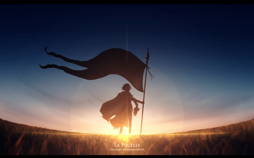 1girl backlighting blue_sky bow braid fate/grand_order fate_(series) field from_behind hair_bow highres jeanne_d'arc_(fate) jeanne_d'arc_(fate/apocrypha) letterboxed long_hair nengoro original scenery single_braid sky solo standard_bearer sunset