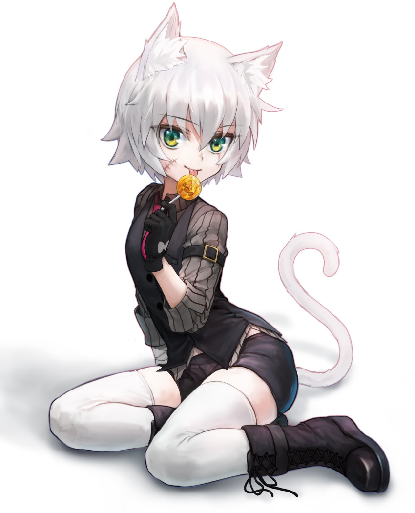 1girl absurdres animal_ears breasts cat_ears cat_tail fate/apocrypha fate_(series) green_eyes hair_between_eyes highres jack_the_ripper_(fate/apocrypha) looking_at_viewer scar scar_across_eye scar_on_cheek scar_on_face short_hair small_breasts smile solo sterben tail white_hair