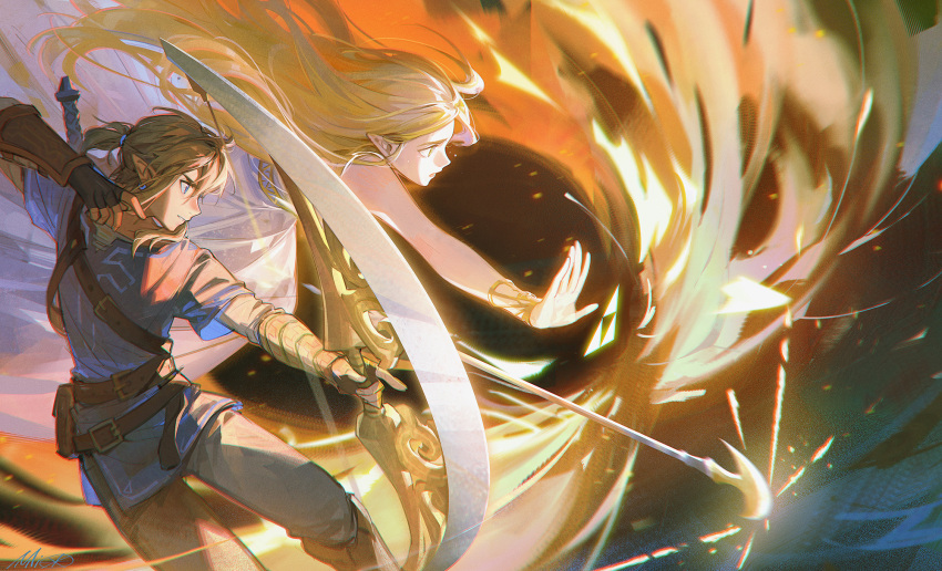 1boy 1girl alzi_xiaomi arm_guards arrow_(projectile) aura belt blonde_hair bow_(weapon) dress fingerless_gloves gloves highres link long_hair master_sword pointy_ears princess_zelda short_ponytail the_legend_of_zelda the_legend_of_zelda:_breath_of_the_wild triforce weapon weapon_on_back