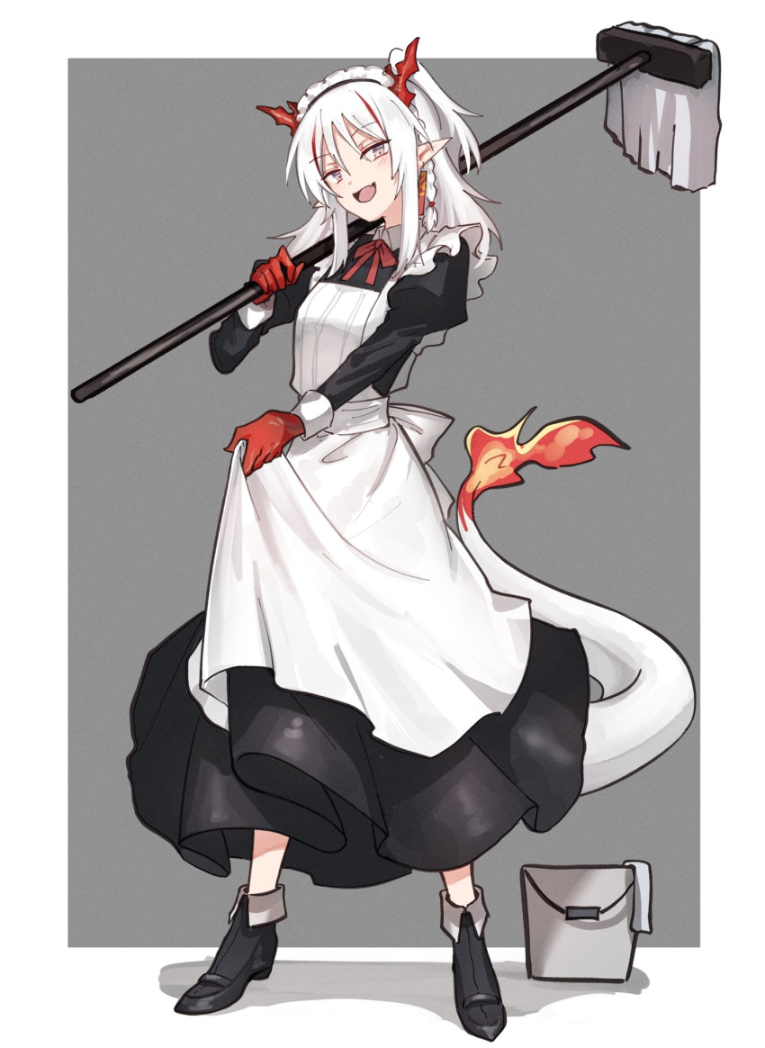 1girl alternate_costume apron arknights arm_tattoo black_dress braid bucket chinese_commentary colored_skin commentary_request dragon_girl dragon_horns dragon_tail dress ear_piercing enmaided eyebrows_visible_through_hair fang full_body grey_background highres holding holding_mop horns lifted_by_self long_hair long_sleeves looking_at_viewer mabing maid maid_headdress mop multicolored_hair nian_(arknights) over_shoulder piercing pink_eyes red_skin redhead simple_background single_braid skin_fang solo standing streaked_hair tachi-e tail tail-tip_fire tattoo white_apron white_background white_hair white_headdress