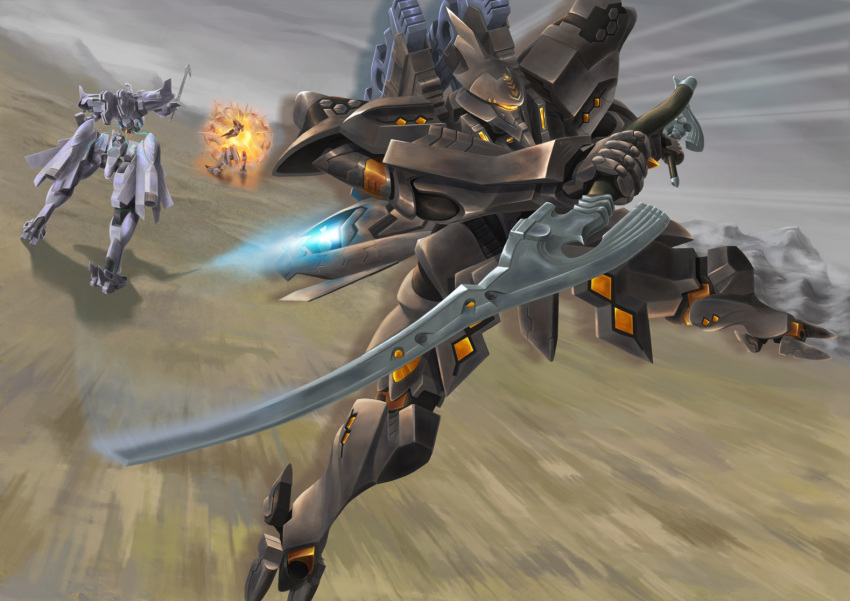 clouds cloudy_sky explosion holding holding_sword holding_weapon jubey looking_ahead mecha motion_blur mountain muvluv muvluv_unlimited:_the_day_after no_humans science_fiction sky sword tactical_surface_fighter takemikazuchi_(muvluv) thrusters visor weapon