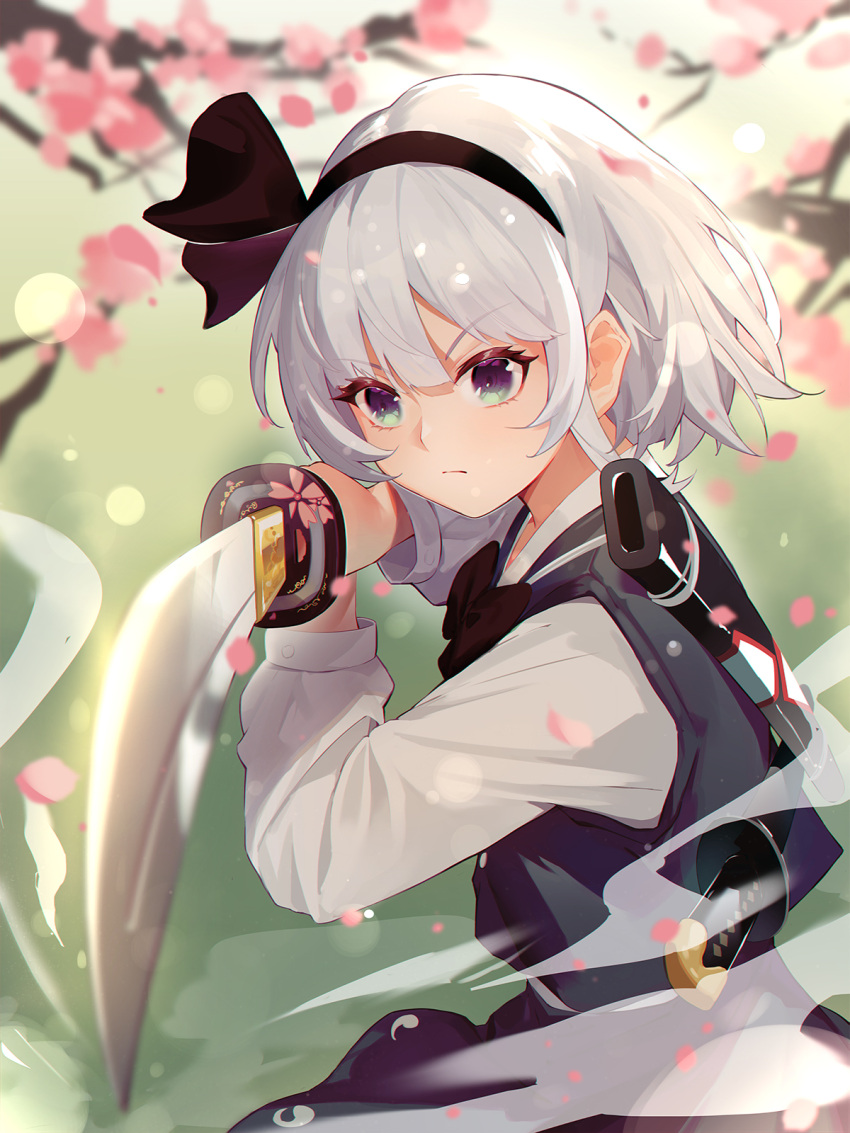 1girl arms_up bangs belt black_bow black_hairband black_neckwear bow bowtie branch buttons cherry_blossoms closed_mouth collar collared_shirt dress eyebrows_visible_through_hair floral_print flower ghost_print green_dress green_eyes hair_between_eyes hairband hands_up highres katana konpaku_youmu long_sleeves looking_to_the_side petals pink_flower repoi shirt short_hair silver_hair solo sword touhou tree weapon white_belt white_shirt