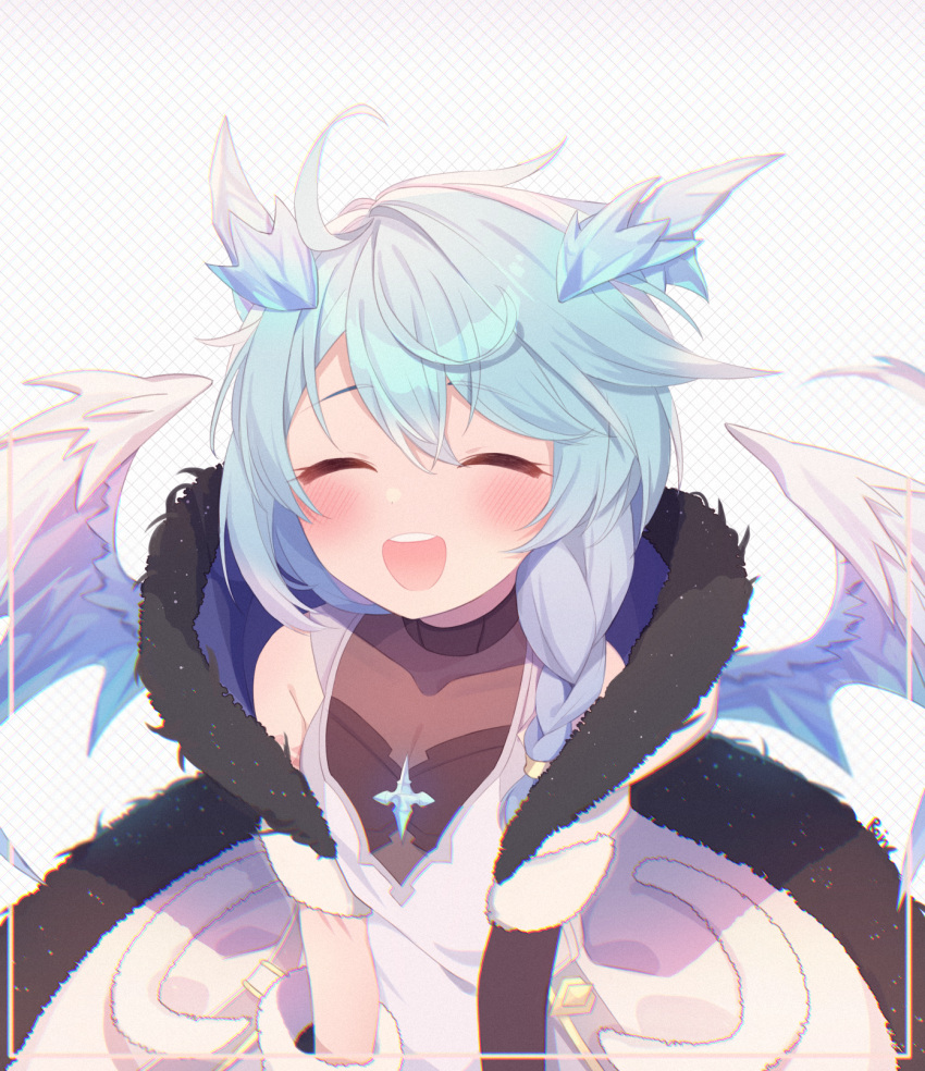 1girl :d ahoge aqua_hair bangs blush closed_eyes coat commentary_request dragon_girl dragon_horns dragon_wings eyebrows_visible_through_hair facing_viewer fur-trimmed_coat fur-trimmed_hood fur_trim hair_over_shoulder highres hood horns messy off-shoulder_coat off_shoulder open_mouth princess_connect! roin shefi_(princess_connect!) smile solo teeth upper_body upper_teeth white_background white_coat wings