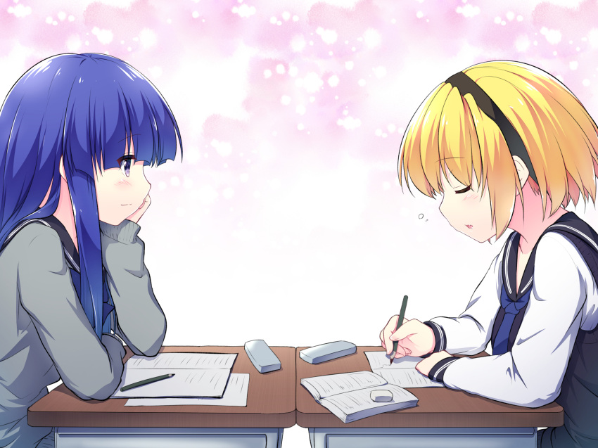 2girls bangs black_hairband blonde_hair blue_hair blunt_bangs blush chair closed_eyes desk eraser eyebrows_visible_through_hair furude_rika hairband hand_on_own_face hazumi_otoya highres higurashi_no_naku_koro_ni holding holding_pencil houjou_satoko long_hair multiple_girls paper pencil sailor_collar school_desk school_uniform short_hair sitting sleeping sleeping_upright smile sweater_vest violet_eyes