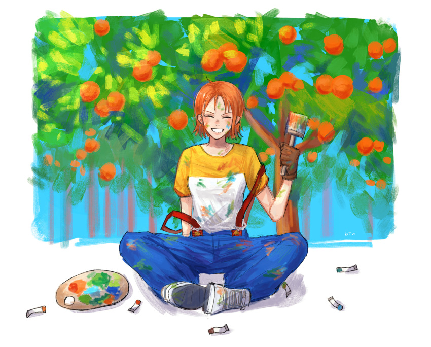 1girl :d ^_^ closed_eyes food fruit highres nami_(one_piece) one_piece open_mouth orange_(fruit) orange_hair paint_on_clothes paint_splatter paint_splatter_on_face paintbrush painting short_hair smile solo suspenders suspenders_slip user_ehps3485