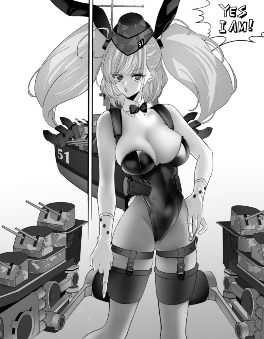 1girl :o alternate_costume anchor_hair_ornament animal_ears anno88888 atlanta_(kancolle) bangs breasts commentary_request covered_navel detached_collar earrings english_text fake_animal_ears garrison_cap gloves greyscale hair_ornament hand_on_hip hat headgear highres jewelry kantai_collection large_breasts leotard long_hair looking_at_viewer monochrome open_mouth pantyhose partially_fingerless_gloves playboy_bunny rabbit_ears rigging simple_background solo speech_bubble star_(symbol) star_earrings two_side_up
