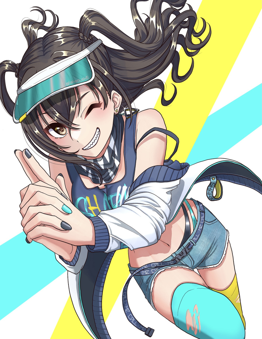 1girl asymmetrical_legwear bandana bangs belt black_hair blue_legwear blue_shirt clothes_writing commentary_request denim denim_shorts earrings grin highres idolmaster idolmaster_cinderella_girls index_fingers_raised interlocked_fingers jacket jewelry long_hair long_sleeves looking_at_viewer mismatched_legwear mole mole_under_eye multicolored multicolored_background multicolored_nails navel off_shoulder one_eye_closed sharp_teeth shirt shorts simple_background smile snap-fit_buckle solo sunazuka_akira takao_(ccrkana) tank_top teeth torn_clothes torn_legwear two_side_up visor_cap yellow_legwear