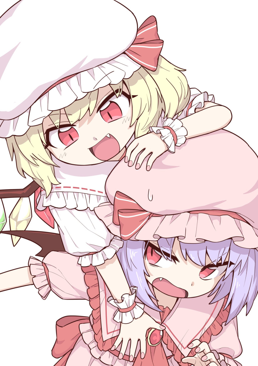 2girls :d bangs bat_wings blonde_hair brooch crystal eyebrows_visible_through_hair fang flandre_scarlet hat hat_ribbon highres jewelry looking_at_another mob_cap multiple_girls on_person oninamako open_mouth pink_headwear pink_nails pink_shirt purple_hair red_eyes red_ribbon remilia_scarlet ribbon shirt short_hair short_sleeves siblings simple_background sisters smile sweatdrop touhou v-shaped_eyebrows white_background white_headwear wings wrist_cuffs