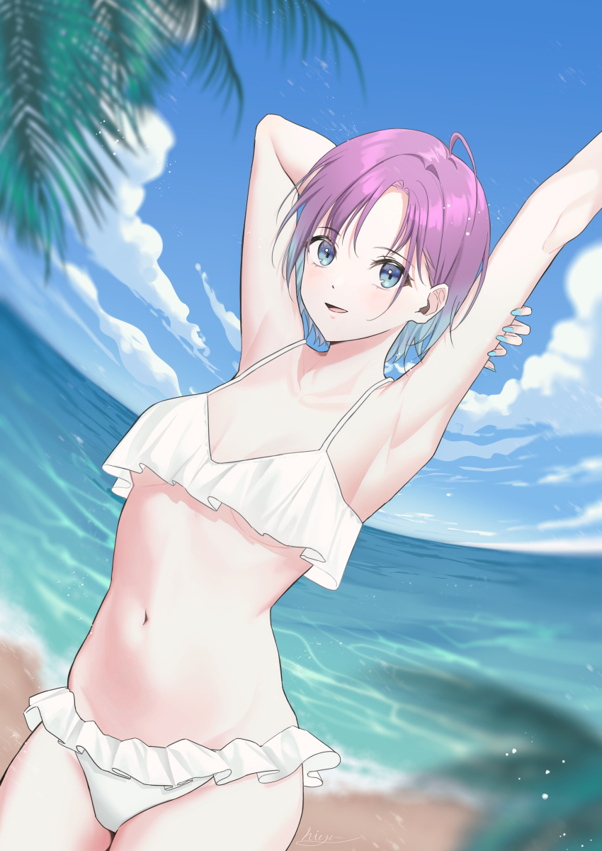 1girl absurdres armpits arms_up asakura_tooru bangs bikini blue_eyes blue_nails blue_sky blurry breasts clouds commentary day depth_of_field fisheye frilled_bikini frills gradient_hair hand_on_own_arm highres hiya_0 idolmaster idolmaster_shiny_colors looking_at_viewer multicolored_hair nail_polish navel open_mouth outdoors parted_bangs short_hair sky small_breasts solo standing swimsuit white_bikini