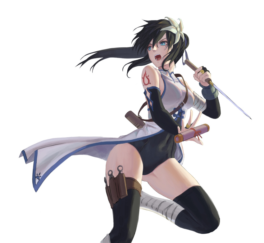 1girl 7aehyun ass_visible_through_thighs bare_shoulders black_hair blue_eyes breasts covered_nipples flower gauntlets groin_tendon hair_between_eyes hair_flower hair_ornament highres ninja open_mouth original small_breasts solo standing standing_on_one_leg tattoo teeth thigh-highs thighs tongue weapon_request white_background