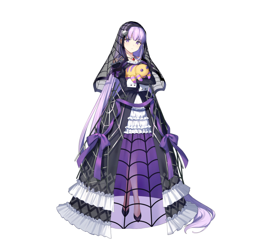 1girl absurdres bangs black_footwear closed_mouth commentary_request dress expressionless eyebrows_visible_through_hair fire_emblem fire_emblem:_the_binding_blade fire_emblem_heroes frilled_dress frills full_body highres holding jewelry lolita_fashion long_dress long_hair long_sleeves looking_at_viewer necklace official_art puffy_sleeves purple_hair see-through shiny shiny_hair simple_background solo sophia_(fire_emblem) standing stuffed_toy urata_asao veil violet_eyes white_background wrist_cuffs