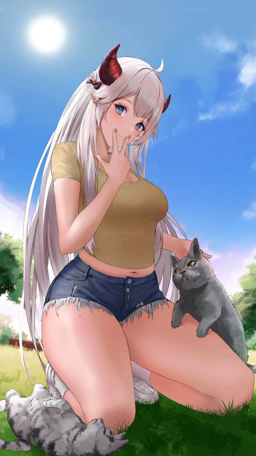 1girl absurdres ahoge alternate_costume black_bow black_cat blue_eyes blue_sky bow breasts cat commentary cutoffs day demon_girl demon_horns denim denim_shorts forced_smile full_body grass hair_bow highres horns kneeling long_hair looking_at_viewer medium_breasts midriff nail_polish navel outdoors pink_nails pointy_ears shoes short_shorts short_sleeves shorts sky socks solo straight_hair sun thighs tree vei_(vtuber) virtual_youtuber w wanne white_footwear white_hair white_legwear