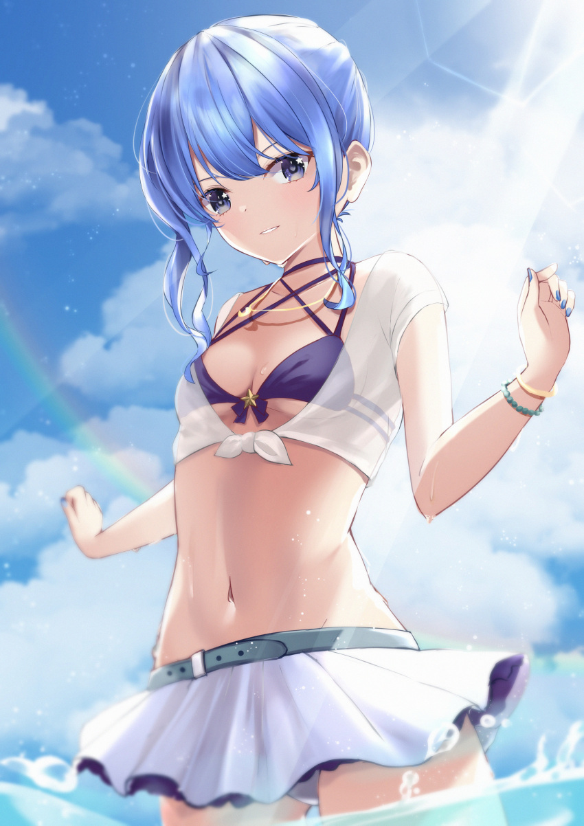 1girl absurdres bangs bikini bikini_skirt black_bikini blue_eyes blue_hair blue_nails blue_sky bracelet breasts clouds highres hololive horo_27 hoshimachi_suisei jewelry looking_at_viewer medium_hair navel partially_submerged see-through_shirt side_ponytail sidelocks skirt sky small_breasts smile solo star_(symbol) star_in_eye swimsuit symbol_in_eye virtual_youtuber water white_skirt