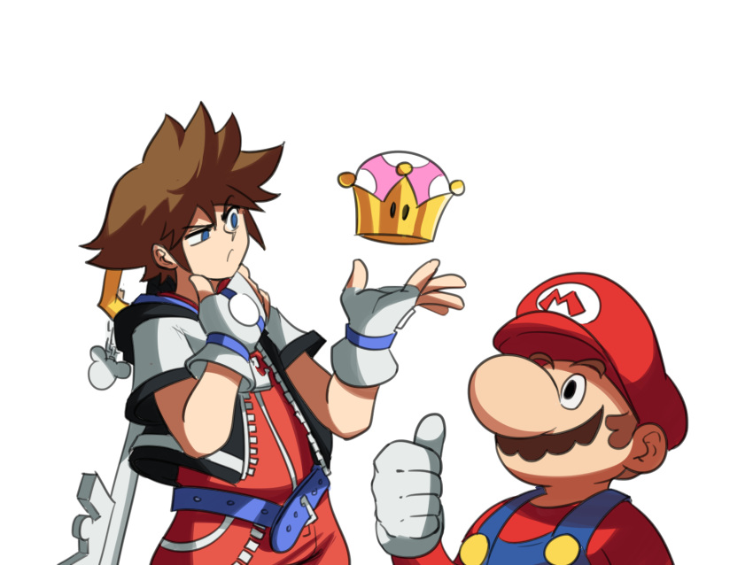 2boys armlet brown_hair facial_hair fingerless_gloves gloves hat highres jewelry keyblade kingdom_hearts kingdom_hearts_i male_focus mario multiple_boys mustache necklace new_super_mario_bros._u_deluxe sora_(kingdom_hearts) spiked_armlet spiky_hair super_crown super_mario_bros. super_smash_bros. tina_fate