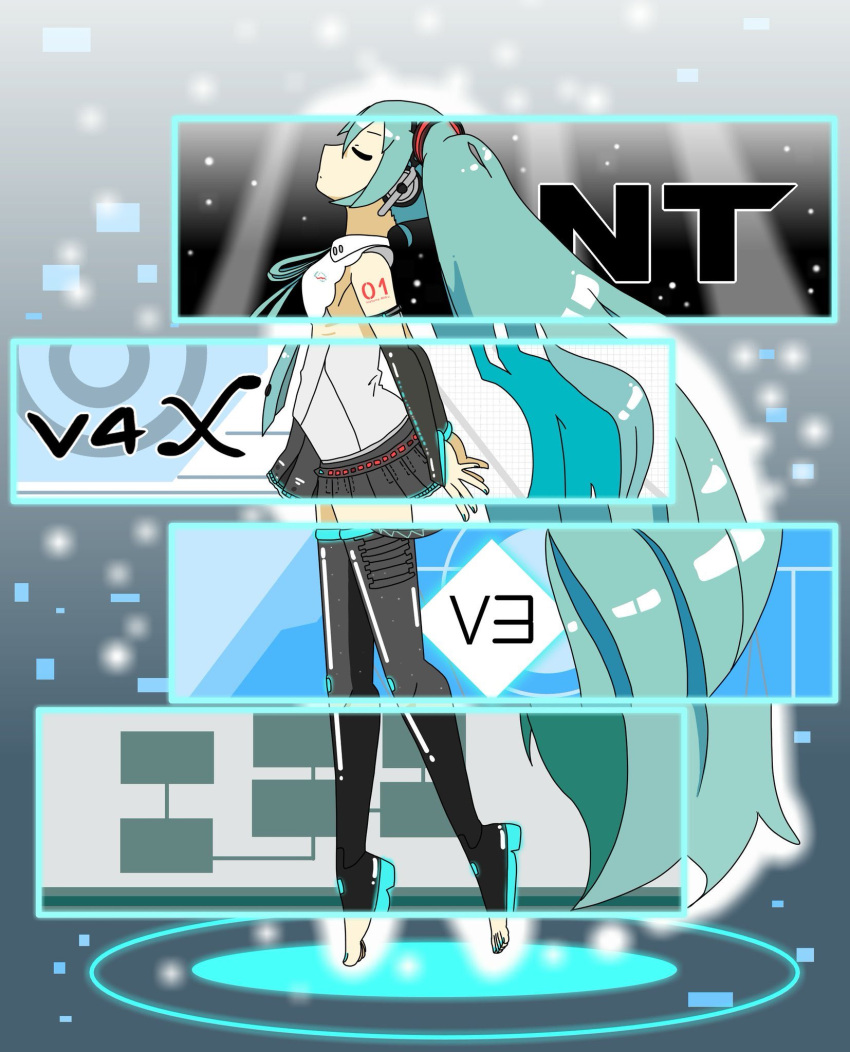 1girl aqua_hair aqua_nails aqua_neckwear arms_behind_back bare_shoulders barefoot black_legwear black_skirt black_sleeves boots bousya_04 closed_eyes commentary detached_sleeves floating from_side hair_ornament hatsune_miku hatsune_miku_(nt) hatsune_miku_(vocaloid3) hatsune_miku_(vocaloid4) headphones highres long_hair miniskirt nail_polish neck_ribbon necktie nude pleated_skirt ribbon ribs shirt shoulder_tattoo skirt sleeveless sleeveless_shirt solo tattoo thigh-highs thigh_boots tiptoes toenail_polish toenails twintails very_long_hair vocaloid white_shirt zettai_ryouiki