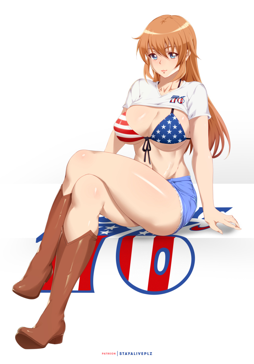 1girl absurdres american_flag_bikini bikini bikini_under_clothes blue_eyes blue_shorts boots breasts brown_footwear charlotte_e._yeager closed_mouth clothes_lift crossed_legs denim denim_shorts female flag_print front-tie_bikini front-tie_top full_body hair_between_eyes highres large_breasts long_hair navel orange_hair shirt shirt_lift short_shorts short_sleeves shorts sitting solo stayaliveplz strike_witches swimsuit t-shirt thighs underboob white_shirt world_witches_series