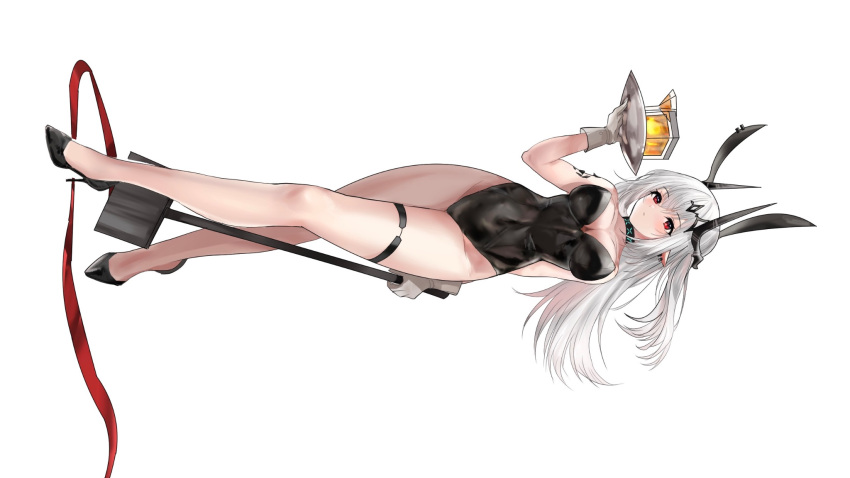 1girl alternate_hairstyle animal_ears arknights bangs bare_shoulders blush commentary demon_girl demon_horns fake_animal_ears gloves hair_ornament hairclip highres horns infection_monitor_(arknights) long_hair maria_(syake-uni) mudrock_(arknights) oripathy_lesion_(arknights) playboy_bunny pointy_ears rabbit_ears red_eyes sideways silver_hair solo war_hammer weapon