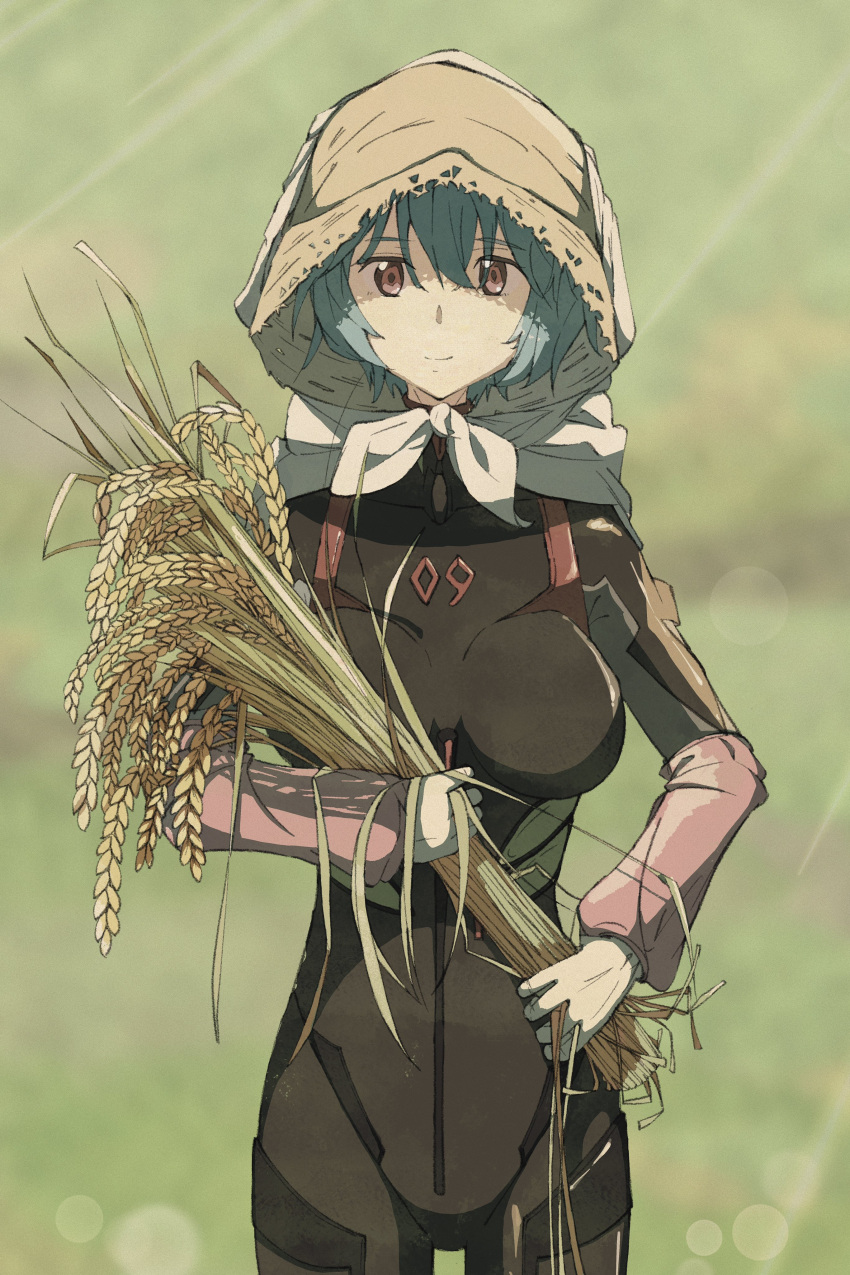 1girl absurdres ayanami_rei bangs black_bodysuit blue_hair bodysuit breasts closed_mouth cowboy_shot evangelion:_3.0+1.0_thrice_upon_a_time eyebrows_visible_through_hair gloves hair_between_eyes hat highres holding holding_plant looking_at_viewer medium_breasts mono_(2_onom) neon_genesis_evangelion plugsuit rebuild_of_evangelion red_eyes short_hair skin_tight sleeves smile solo standing sun_hat