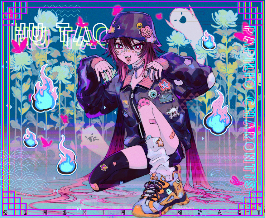 1girl :d :p alternate_costume bangs black_jacket black_legwear black_shorts casual character_name choker commentary_request eyebrows_visible_through_hair genshin_impact ghost ghost_pose hair_between_eyes hat hat_ornament highres hu_tao_(genshin_impact) jacket jewelry kneeling long_hair long_sleeves looking_at_viewer milkuriem open_mouth ring short_shorts shorts sidelocks smile thigh-highs tongue tongue_out tongue_tattoo twintails zettai_ryouiki zipper