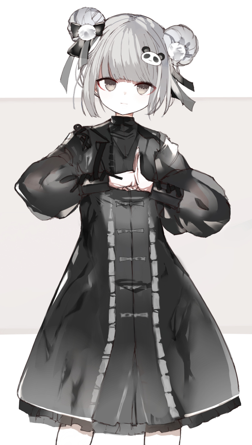 1girl absurdres black_bow black_dress bow brown_eyes closed_mouth commentary_request double_bun dress frilled_dress frills grey_background grey_hair hair_bow hair_ornament highres kotatu_(akaki01aoki00) long_sleeves looking_at_viewer original palm-fist_greeting panda_hair_ornament puffy_long_sleeves puffy_sleeves solo two-tone_background white_background