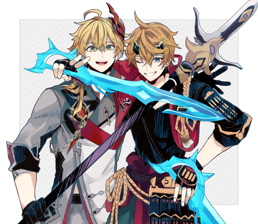 2boys absurdres ahoge bangs black_gloves blonde_hair blue_eyes cosplay costume_switch earrings fake_horns fingerless_gloves genshin_impact gloves grin hair_between_eyes headband highres holding holding_weapon horned_headwear horns jacket japanese_clothes jewelry looking_at_viewer male_focus mask mask_on_head multiple_boys one_eye_closed open_mouth orange_hair pants polearm ponytail red_scarf scarf simple_background single_earring smile spear tartaglia_(genshin_impact) thoma_(genshin_impact) u_5ham0 weapon