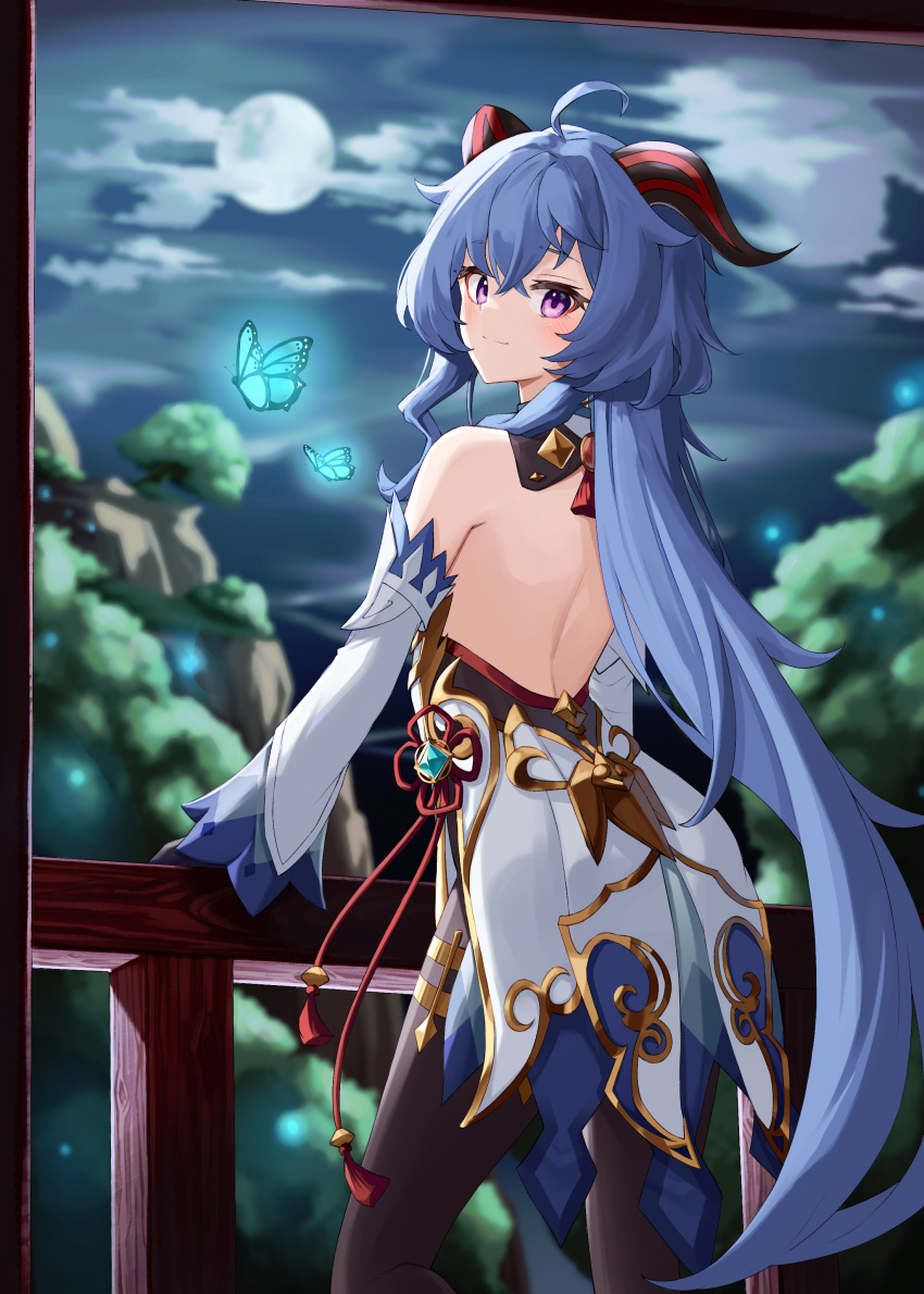 absurdres ahoge backless_outfit bangs bare_shoulders black_legwear blue_hair bow bowtie bug butterfly chinese_knot curled_horns detached_sleeves full_moon ganyu_(genshin_impact) genshin_impact gold_trim highres horns long_hair looking_at_viewer moon night scenery setsurimu_(pro_viden) tassel very_long_hair violet_eyes vision_(genshin_impact) white_sleeves
