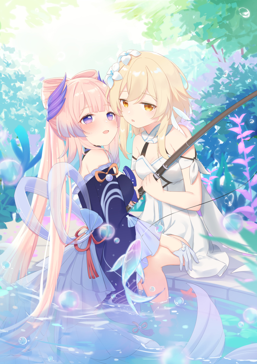 2girls :d absurdres back_bow bangs bare_shoulders blue_dress blue_eyes blue_gloves blue_hair blush bow breasts bubble commentary_request dress feather_hair_ornament feathers fish fishing_rod flower fufumi genshin_impact gloves gradient_hair hair_flower hair_ornament half_gloves high_ponytail highres holding holding_fishing_rod long_hair lumine_(genshin_impact) mermaid monster_girl multicolored_hair multiple_girls open_mouth pink_hair sangonomiya_kokomi scarf shell short_hair_with_long_locks smile tree very_long_hair water white_dress white_flower white_scarf yellow_eyes yuri