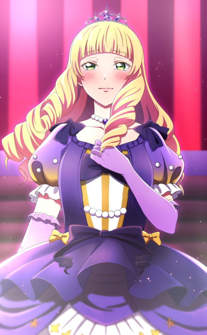 1girl bangs blonde_hair blush collarbone commentary_request crown dress drill_hair eyebrows_visible_through_hair gloves green_eyes hand_on_own_chest heanna_sumire highres long_hair looking_at_viewer love_live! love_live!_superstar!! nonfiction!!_(love_live!) purple_dress purple_gloves solo tears upper_body vorupi