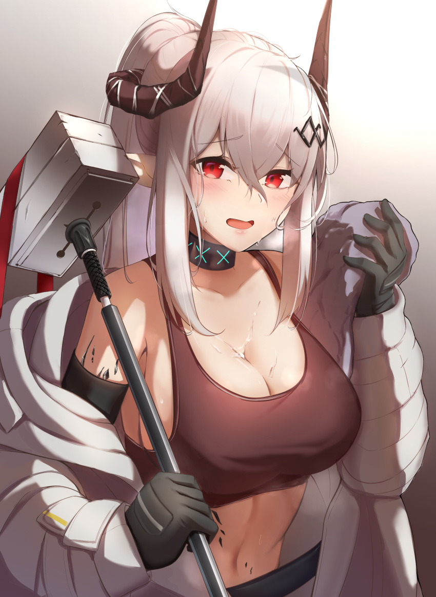 1girl absurdres alternate_hairstyle arknights bangs bare_shoulders black_gloves blush breasts crop_top demon_girl demon_horns elite_ii_(arknights) english_commentary gloves hair_ornament hairclip highres horns infection_monitor_(arknights) long_hair mudrock_(arknights) oripathy_lesion_(arknights) parted_lips ponytail rada_(aw_waffle) red_eyes silver_hair solo sweat tank_top war_hammer weapon