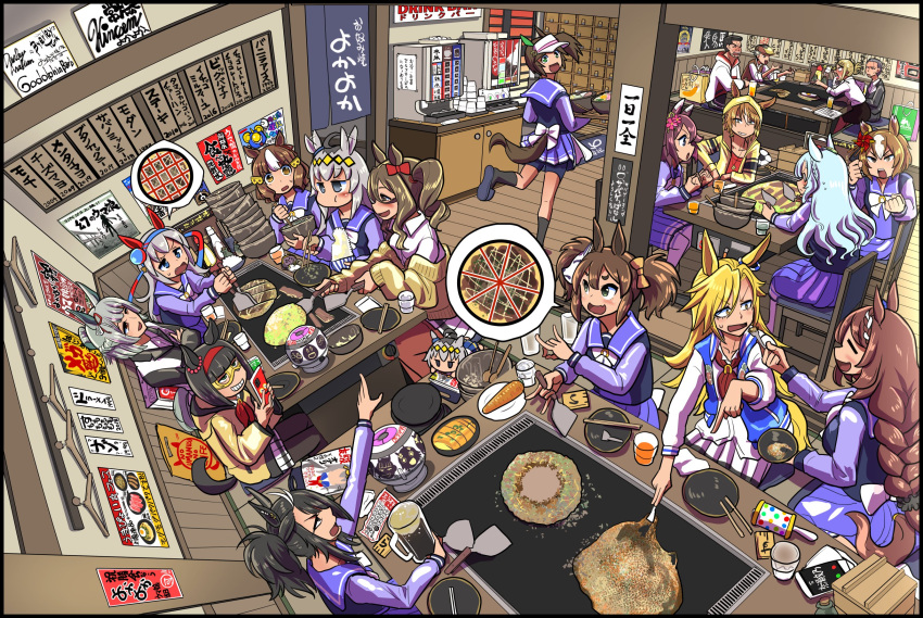 6+girls animal_ears back bag black_hair blonde_hair blue_hair blush bow bowl bowtie braid breasts brown_hair carrot casual cellphone character_doll character_request chopsticks clenched_hand closed_eyes clothes_hanger commentary cup drinking_glass facial_hair fang food glasses grey_hair hair_ornament hairclip handbag hat highres hood hoodie horse_ears horse_girl horse_tail jacket jewelry long_hair medium_hair multicolored_hair multiple_girls necklace okonomiyaki open_mouth partially_translated phone plate pleated_skirt pointing ponytail poster_(object) sakazaki_freddy school_uniform short_hair sitting skirt smartphone smile spatula sweatdrop sweater tail teeth tongue tracen_school_uniform translation_request two-tone_hair umamusume white_hair