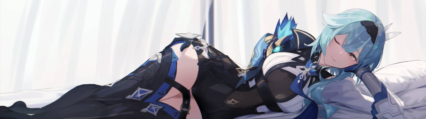 1girl ;) arm_guards backlighting bed_sheet black_gloves black_hairband black_legwear blue_eyes breasts brown_eyes closed_mouth darah eula_(genshin_impact) feet_out_of_frame genshin_impact gloves hairband hand_on_hip highres large_breasts long_hair long_sleeves lying no_shoes on_bed on_side one_eye_closed pillow smile solo thigh-highs thighs two-tone_leotard underbust
