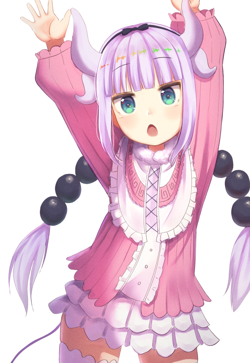 1girl arms_up bangs blunt_bangs commentary_request dragon_girl dragon_horns dragon_tail eyebrows_visible_through_hair frilled_skirt frills green_eyes hair_bobbles hair_ornament hairband highres horns kanna_kamui kobayashi-san_chi_no_maidragon kuricona light_purple_hair long_hair looking_at_viewer low_twintails sidelocks simple_background skirt solo tail thigh-highs twintails white_background white_legwear zettai_ryouiki