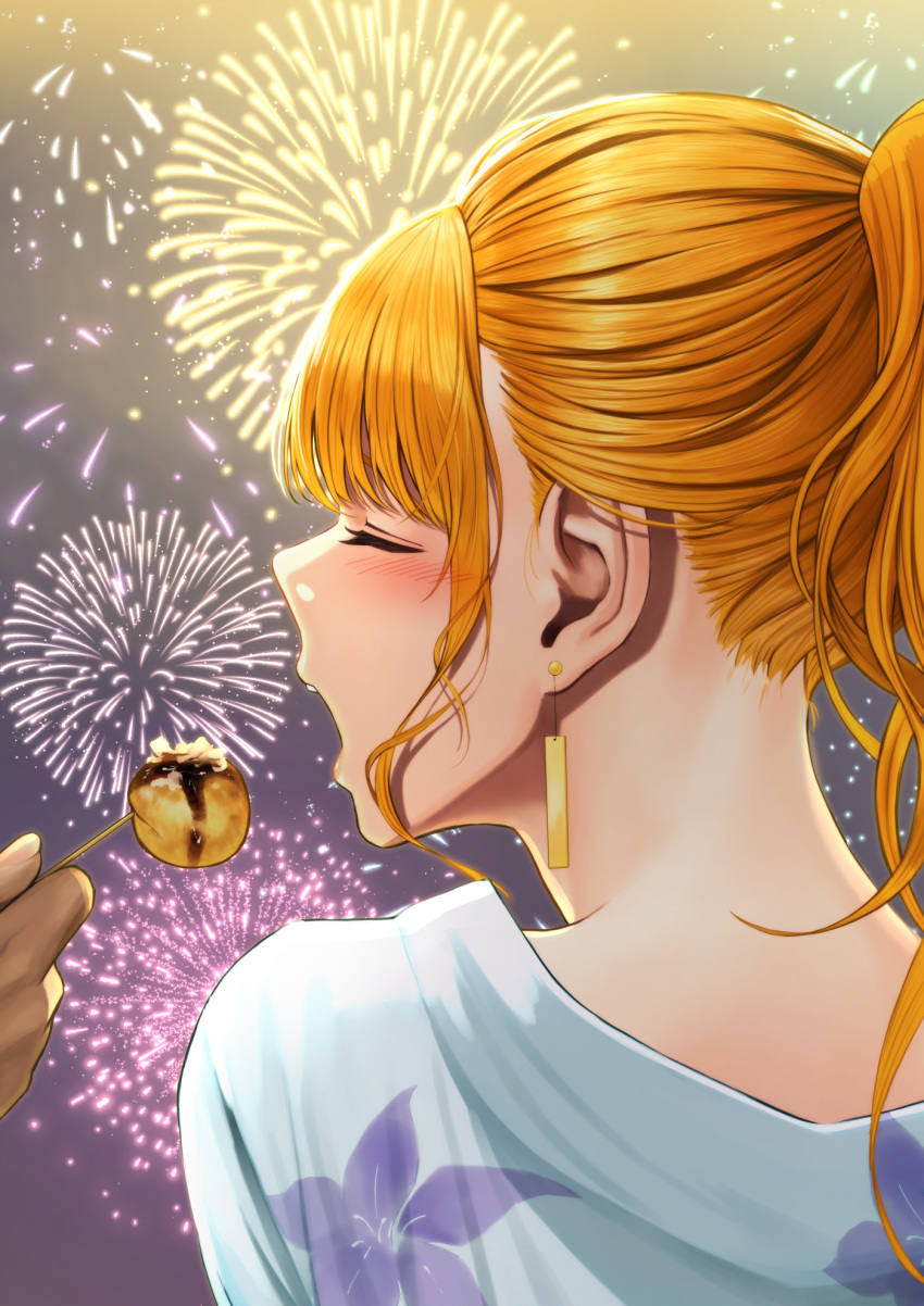 1boy 1girl blonde_hair blush closed_eyes contemporary darkness_(konosuba) earrings feeding fireworks food highres izawa_koushi japanese_clothes jewelry kimono kono_subarashii_sekai_ni_shukufuku_wo! outdoors ponytail takoyaki yukata