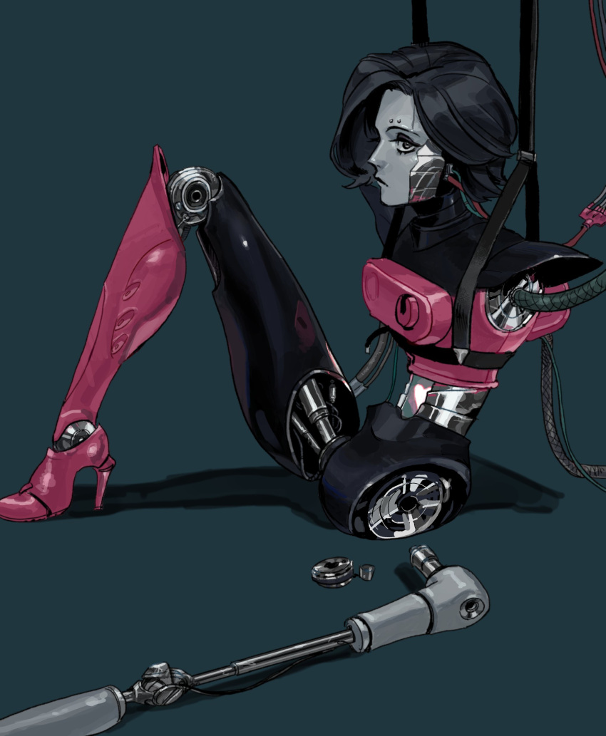 1other absurdres ame_(syume_ruzin) android black_hair colored_skin grey_skin high_heels highres joints mechanical_parts mettaton mettaton_ex missing_limb other_focus pink_footwear robot_joints simple_background solo undertale