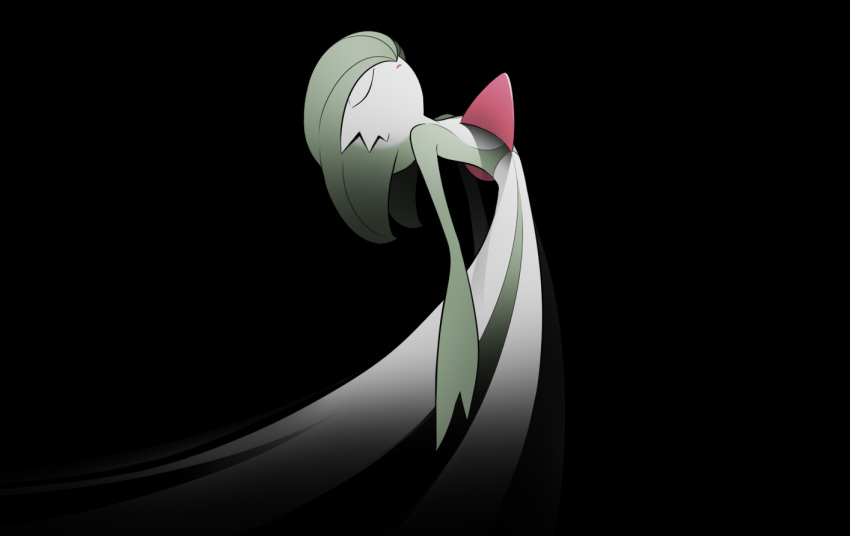 1girl bangs black_background bob_cut closed_eyes colored_skin commentary flat_chest floating gardevoir gradient green_hair green_skin hair_over_one_eye leaning_back lotosu multicolored multicolored_skin open_mouth pokemon pokemon_(creature) short_hair simple_background solo two-tone_skin white_skin