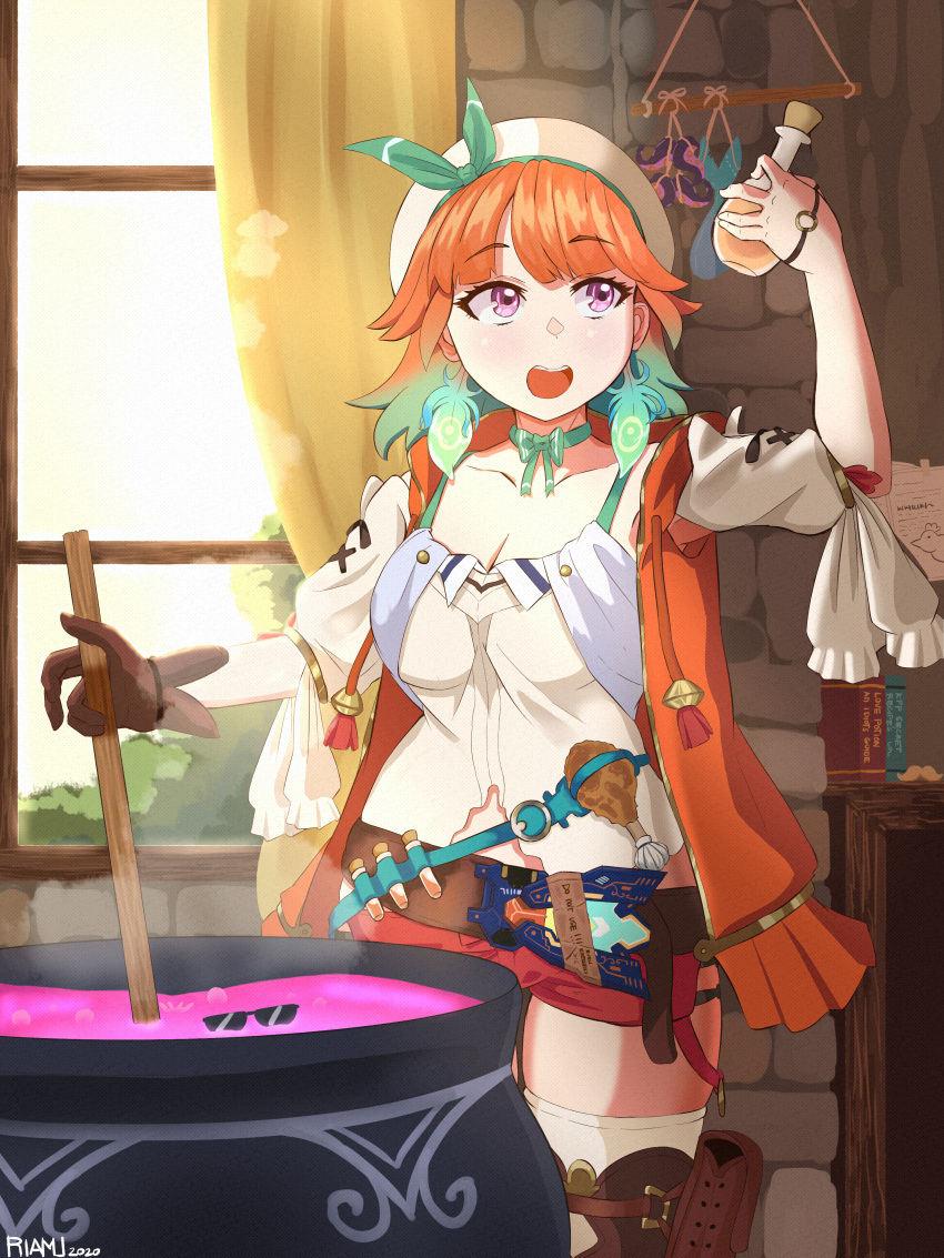 1girl absurdres atelier_(series) atelier_ryza belt cauldron cosplay gloves hat highres holding hololive hololive_english holomyth jewelry necklace open_mouth potion red_shorts reisalin_stout reisalin_stout_(cosplay) riamu_(liam_razo) short_hair short_shorts shorts solo takanashi_kiara thigh-highs vial window