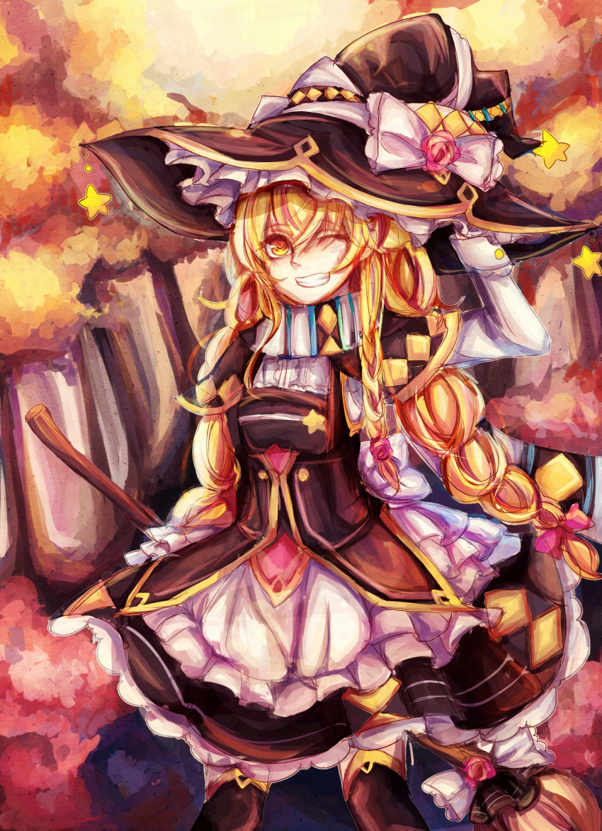 1girl ;d absurdres autumn_leaves blonde_hair braid broom frilled_skirt frills hat hat_ornament highres kirisame_marisa long_hair looking_at_viewer one_eye_closed open_mouth scarf single_braid skirt smile solo star_(symbol) star_hat_ornament thigh-highs touhou witch_hat yakumo_1041624199 yellow_eyes