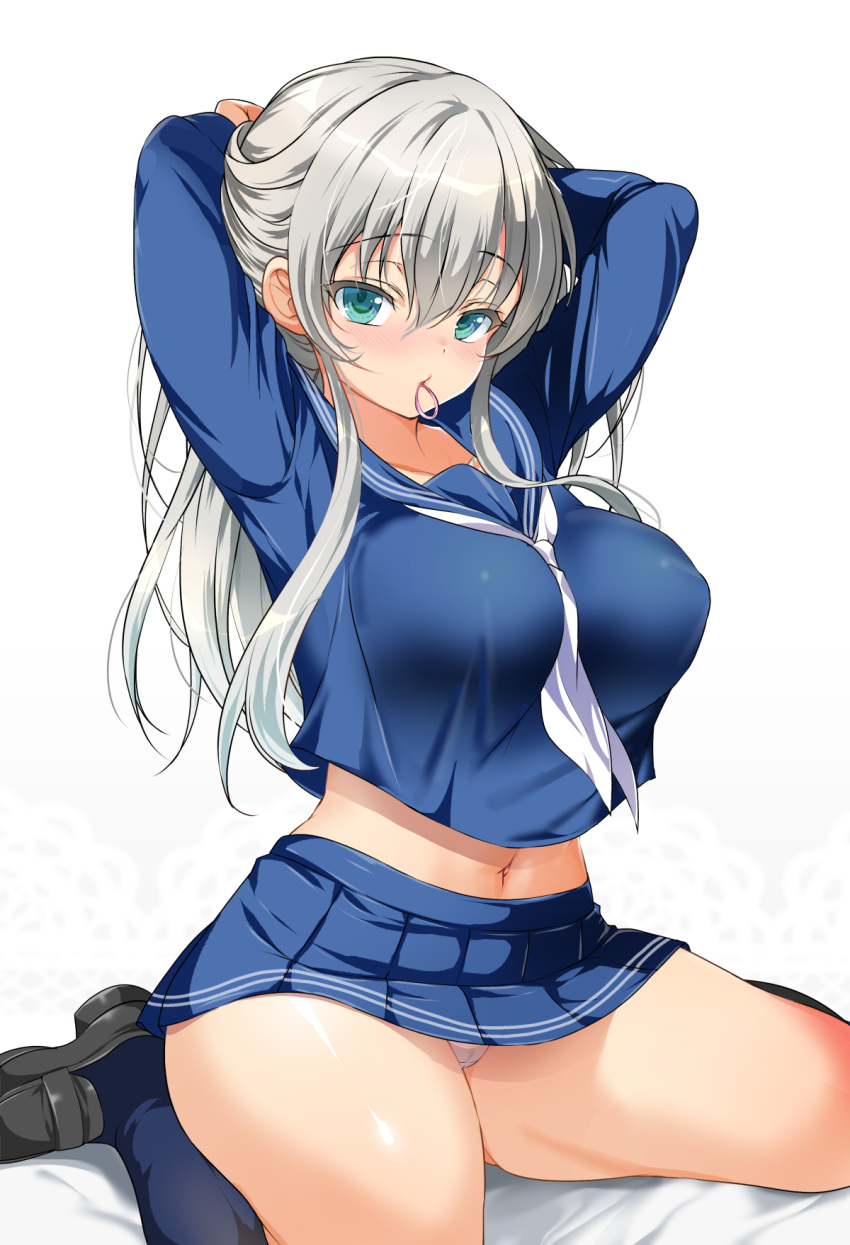 1girl aqua_eyes arms_up bangs black_footwear blue_legwear blue_sailor_collar blue_shirt blue_skirt blush breasts commentary_request covered_nipples emily_(pure_dream) eyebrows_visible_through_hair grey_hair hair_between_eyes hair_tie highres large_breasts loafers long_hair long_sleeves looking_at_viewer mouth_hold navel original panties pleated_skirt sailor_collar school_uniform serafuku shirt shoes simple_background sitting skirt socks solo thick_thighs thighs tying_hair underwear uniform wariza white_background white_neckwear white_panties