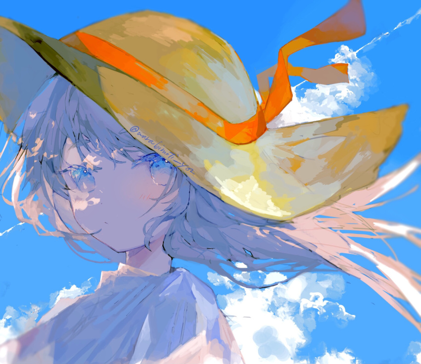 1girl blue_eyes blue_sky blush brown_hair clouds commentary_request condensation_trail cumulonimbus_cloud dot_nose hat highres looking_at_viewer original outdoors red_ribbon ribbon sky solo straw_hat summer twitter_username warabimoti_yoz