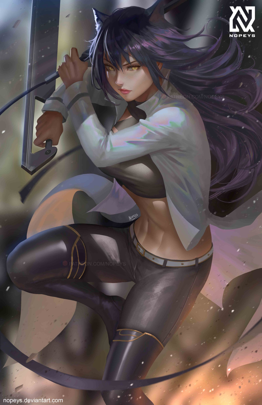 1girl absurdres animal_ears bangs black_hair black_pants blake_belladonna blurry blurry_background boots cat_ears closed_mouth coat crop_top floating_hair gambol_shroud highres holding holding_sword holding_weapon long_hair midriff navel nopeys open_clothes open_coat pants rwby solo sword thigh-highs thigh_boots very_long_hair watermark weapon web_address yellow_eyes