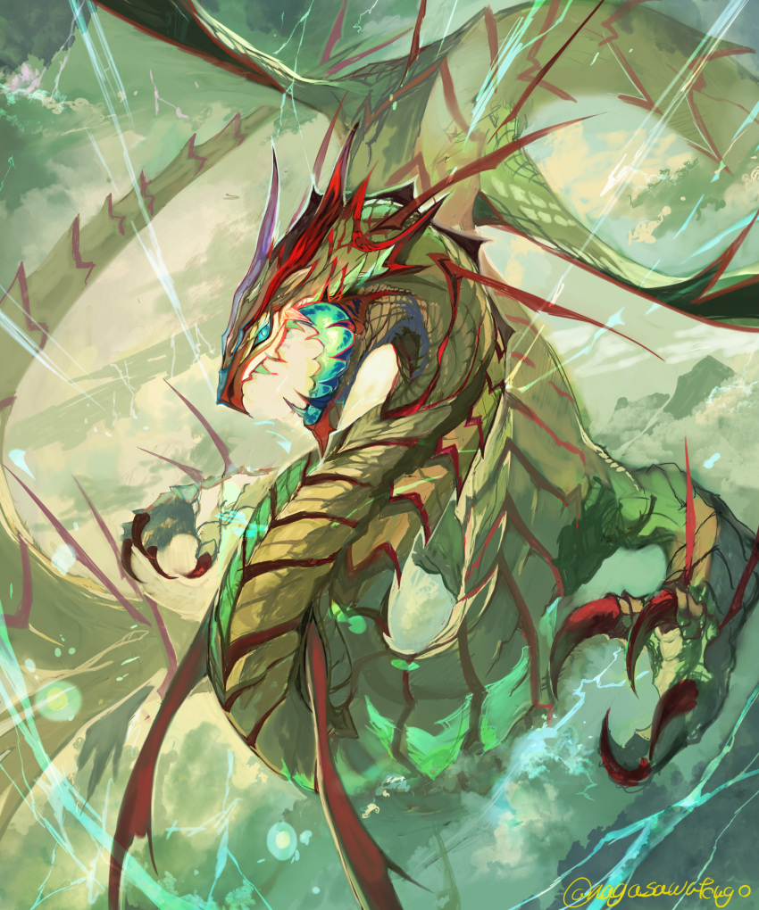 claws clouds dragon electricity flying green_eyes highres lightning nagasawa_tougo no_humans open_mouth original solo twitter_username